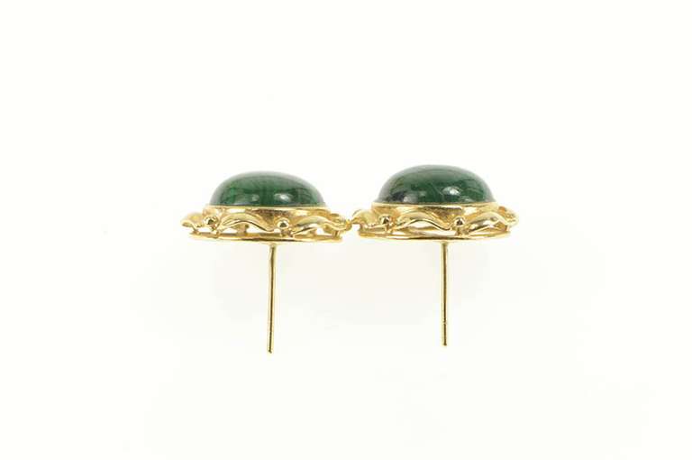 14K Yellow Gold Round Malachite Cabochon Ornate Retro Stud Earrings