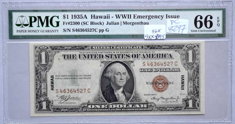 $1 1935 A Gem 66 EPQ Hawaii Emergency Issue Silver Certificate
