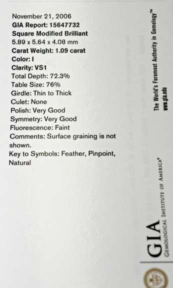 GIA Certified 1.09 CARAT Princess-Cut Diamond Engagement Ring