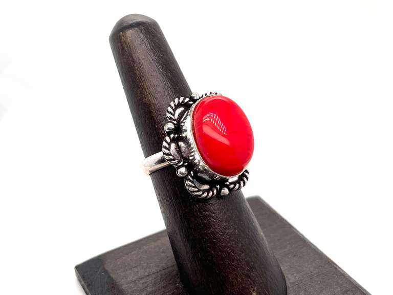 Ovular Red Coral in Tibetan Silver Energy Ring