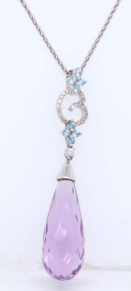 Attractive Blue Topaz & Diamond Pendant in 14kt Gold
