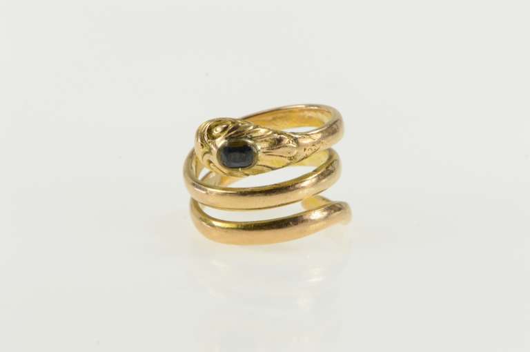 14K Yellow Gold Snake Serpent Emerald Cut Sapphire Ornate Ring