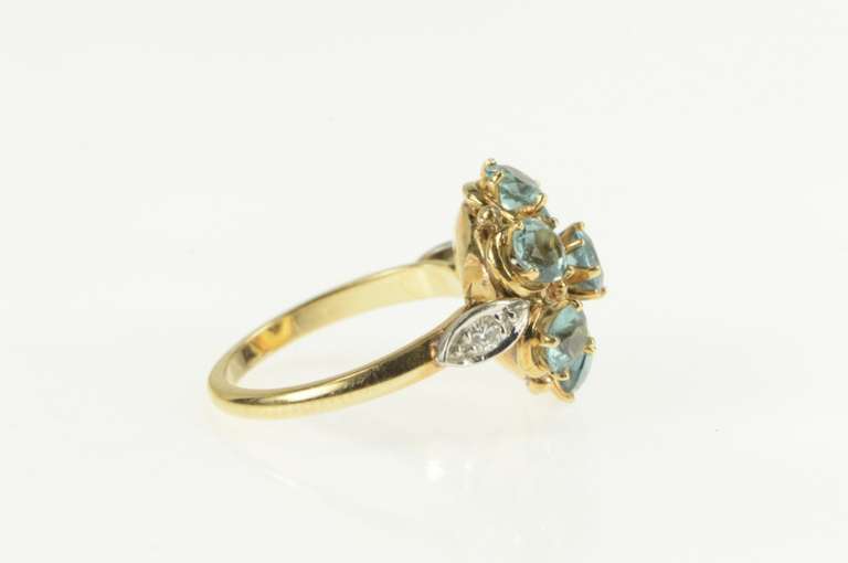 14K Yellow Gold Retro Blue Topaz Diamond Ornate Cocktail Ring