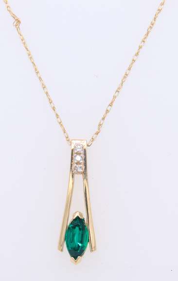 Charming Yellow Gold Marquoise Emerald and Diamond Bar Pendant on Chain