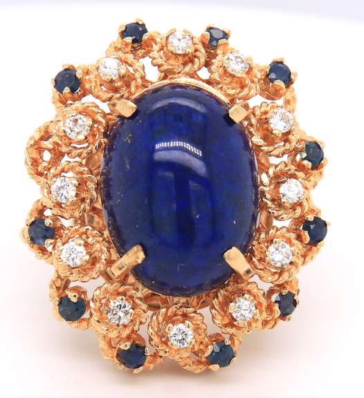 LADIES 18K DIAMOND , SAPPHIRE AND BLUE LAPIS RING / BROOCH