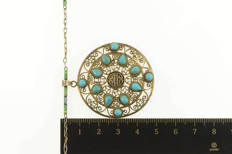 Silver Turquoise Filigree Medallion Water Enamel Necklace