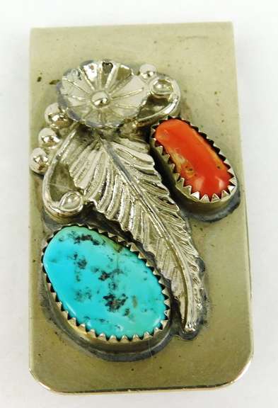 Native American Indian Turquoise & Coral Silver Money Clip
