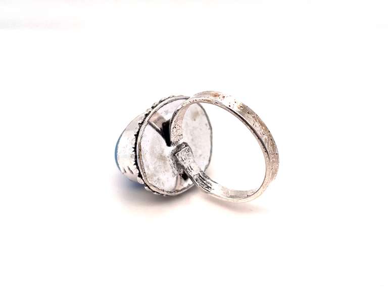 Oval Cut Blue Stone Ring in Tibetan Silver Beaded Ring