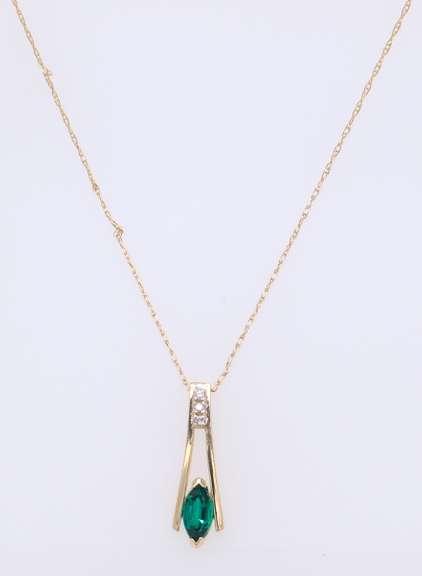 Charming Yellow Gold Marquoise Emerald and Diamond Bar Pendant on Chain