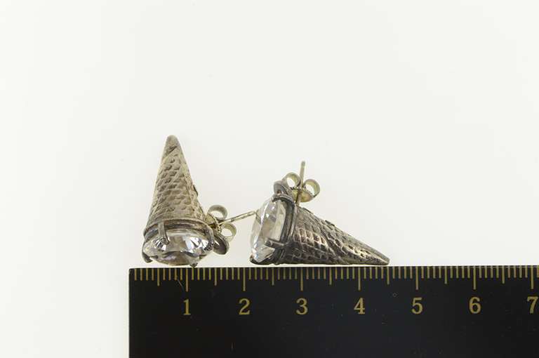 Sterling Silver Ice Cream Cone Cubic Zirconia Solitaire Earrings