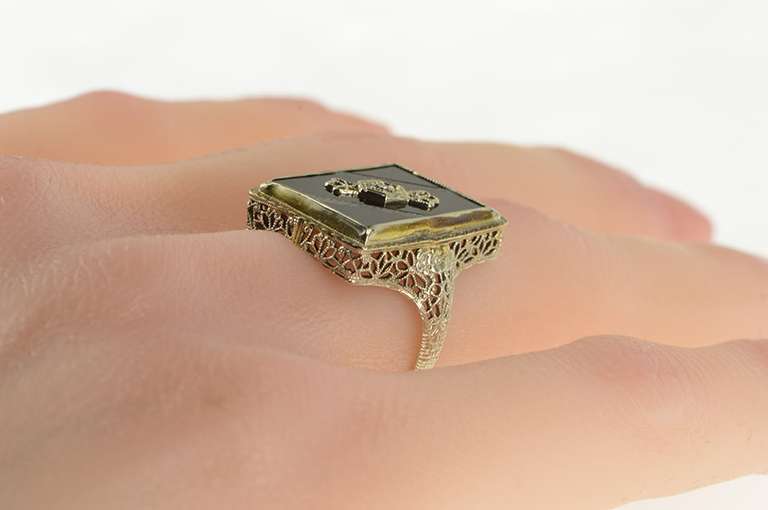 14K White Gold Art Deco Onyx Diamond Pinstripe Statement Ring