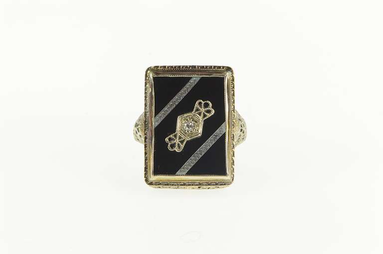 14K White Gold Art Deco Onyx Diamond Pinstripe Statement Ring