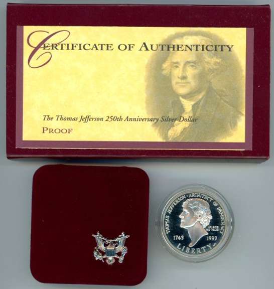 1993 Thomas Jefferson 250th Anniversary Proof Silver Dollar. Box/CoA
