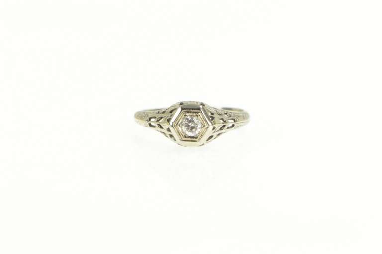 18K White Gold 0.17 Ct Art Deco Diamond Filigree Engagement Ring