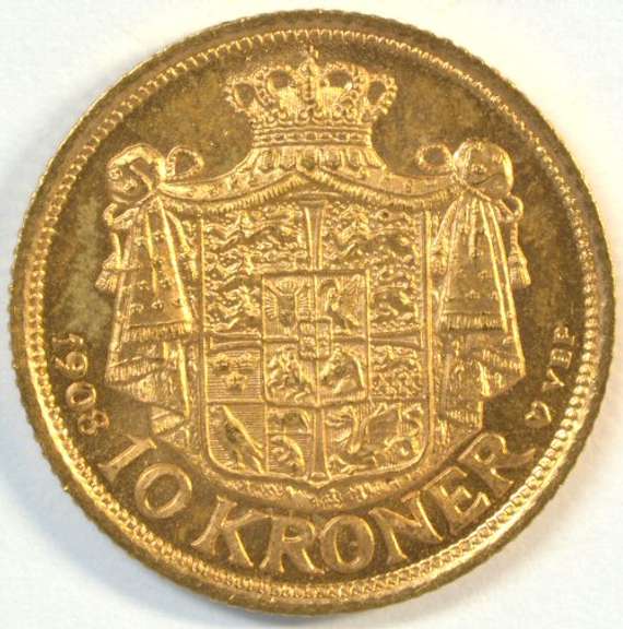 Gem BU 1908-H Denmark 10 Kroner Gold Piece. Scarce