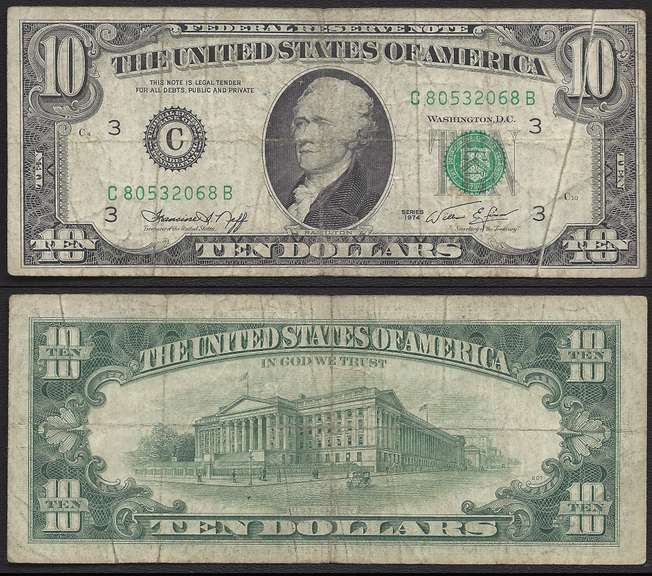 $10 1974 FRN Large Gutter Fold