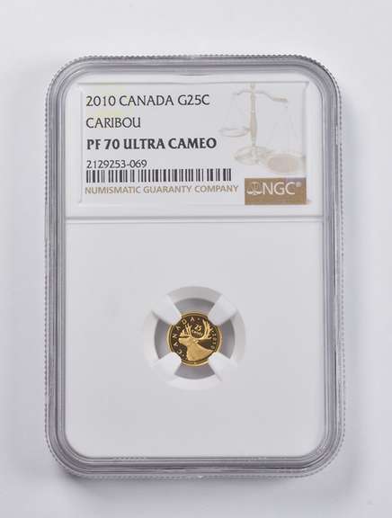 PF70 UCAM 2010 Canada 25 Cents Gold Caribou NGC