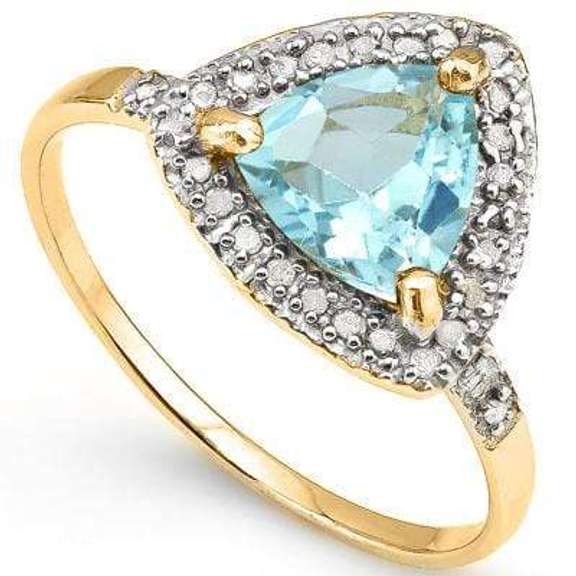 PRETTY 1.33 CT BLUE TOPAZ & 28 PCS GENUINE DIAMOND 10K SOLID YELLOW GOLD RING