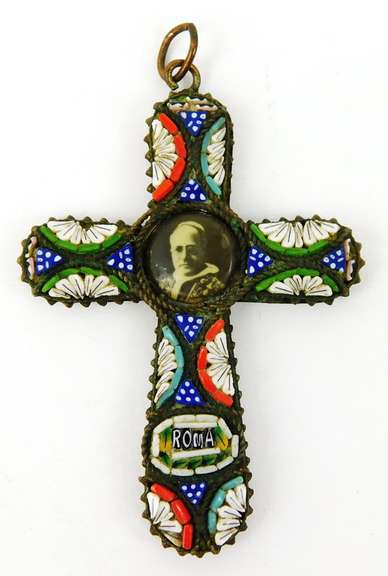 Vintage Micro Mosaic Cross Pendant with Pope