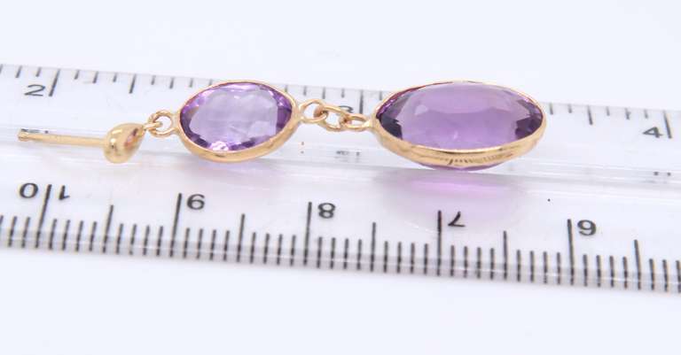 Fancy Yellow Gold Amethyst Double oval Bezel Drop Earrings