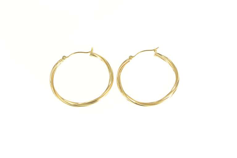 10K Yellow Gold 30.4mm Twist Design Grooved Round Hoop Earrings