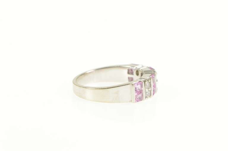 14K White Gold Princess Pink Topaz Diamond Accent Band Ring