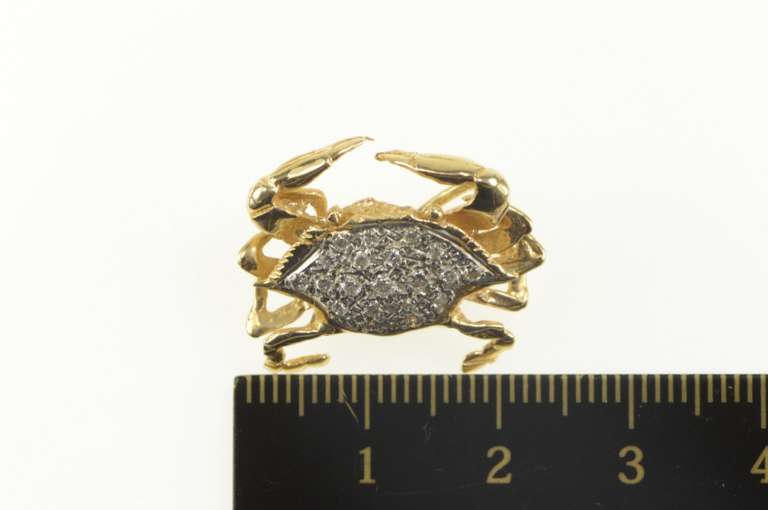 14K Yellow Gold Pave Diamond Crab 3D Crustacean Ornate Pendant