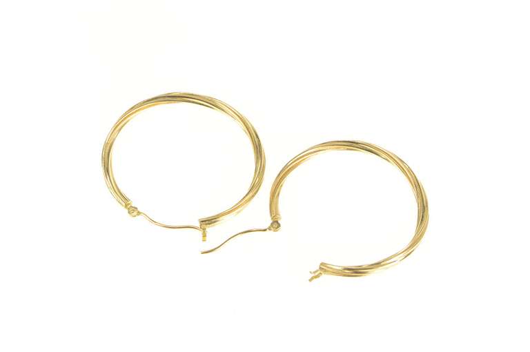 10K Yellow Gold 30.4mm Twist Design Grooved Round Hoop Earrings