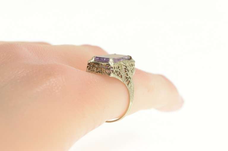 14K White Gold Art Deco Amethyst Ornate Filigree Statement Ring