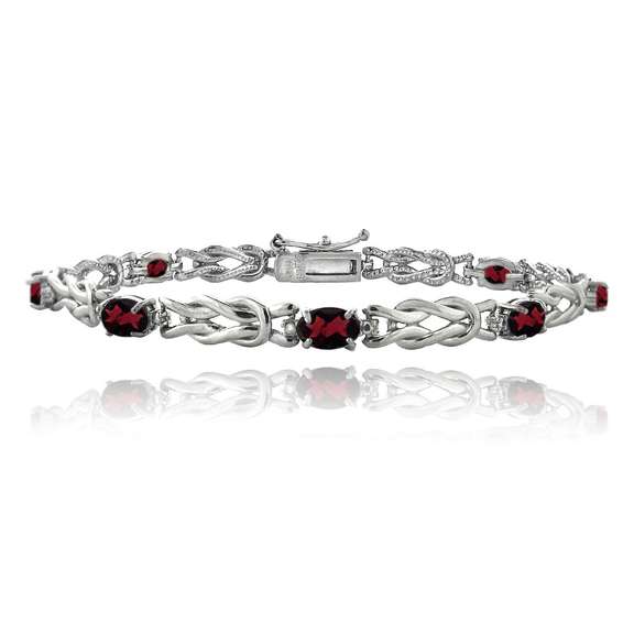 Sterling Silver 4.5ct Garnet & Diamond Accent Oval Love Knot Bracelet