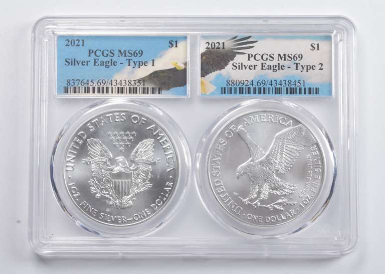 MS69 2021 American Silver Eagle Type 1 & 2 PCGS