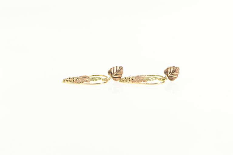 10K Yellow Gold Two Tone Black Hills Leaf Etched Dangle Earrings