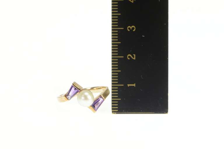 10K Yellow Gold Pearl Baguette Amethyst Ornate Bypass Ring