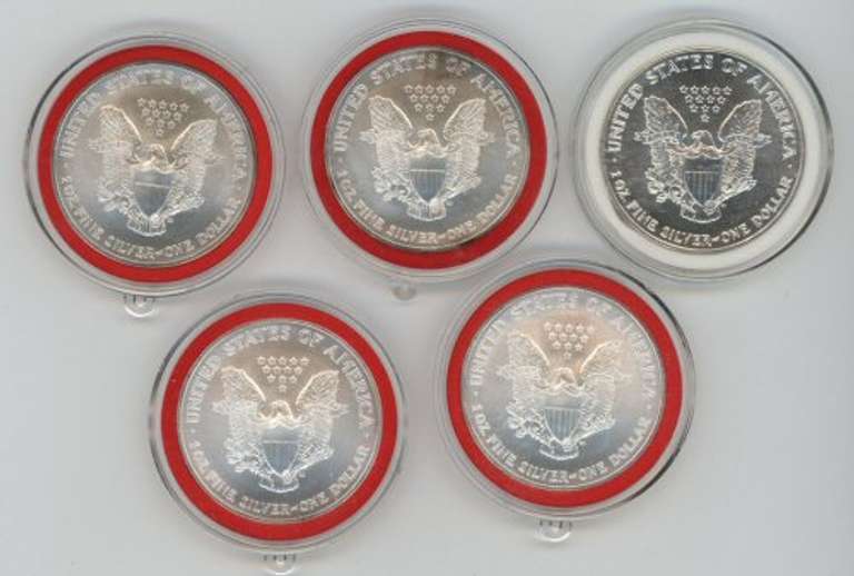 5 Diff. Gem BU $1 American Silver Eagles in holders 1993-2007