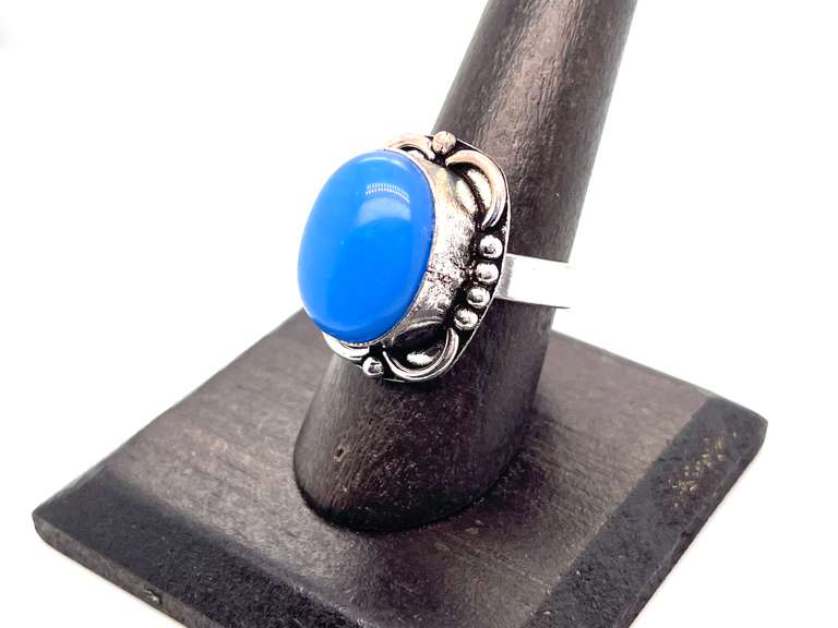 Oval Cut Blue Stone Ring in Tibetan Silver Floral Energy Ring