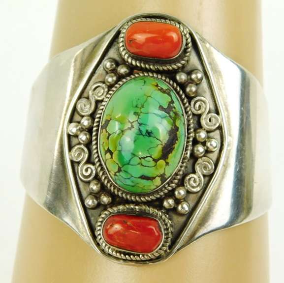 Wide Navajo Sterling Turquoise & Coral Cuff
