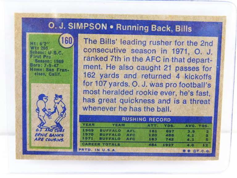 O.J. Simpson, Bills 1972 Topps Football Card