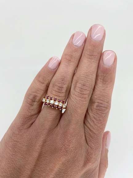 Ruby & Diamond Three Row Ring Made in 14k Yellow Gold