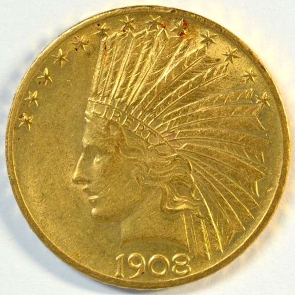Lovely BU 1908 with Motto $10 Indian Gold Piece. Scarce