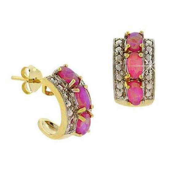 18K Gold over Sterling Silver Diamond Accent & Created Pink Opal Half Hoop Earrings