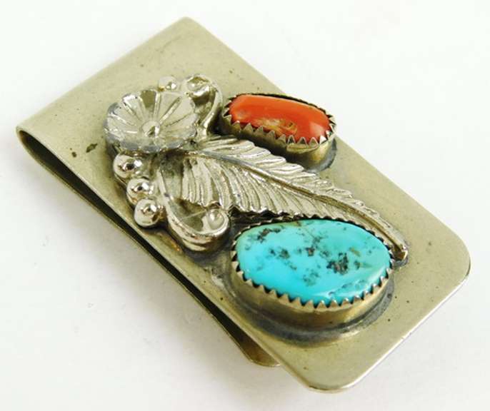Native American Indian Turquoise & Coral Silver Money Clip