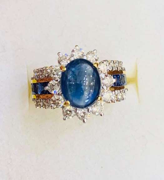 21kt Solid Yellow Gold, Blue Sapphire, & Diamond Ring