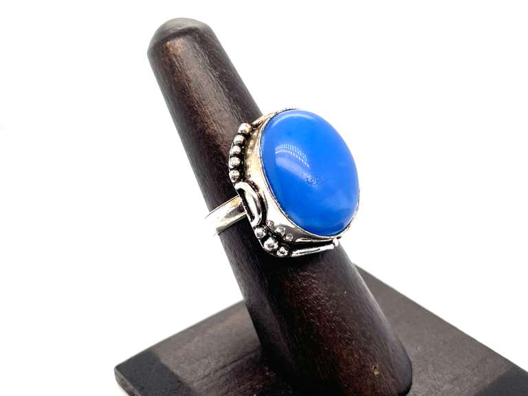 Oval Cut Blue Stone Ring in Tibetan Silver Floral Energy Ring
