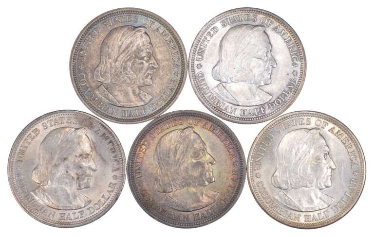 Lot (5) 1893 Columbian Exposition Commemorative Half Dollars - Unc