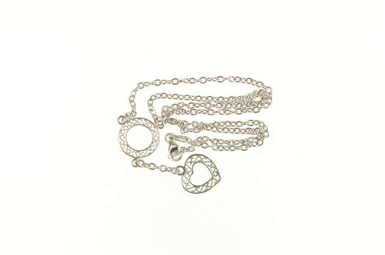 14K White Gold Heart Filigree Dangle Cable Chain Statement Necklace