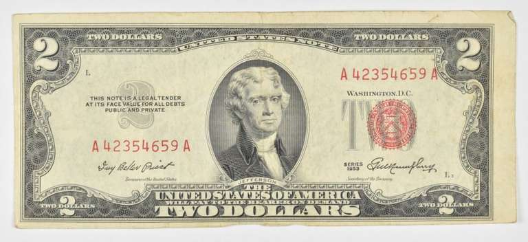1953 $2 United States Legal Tender Note - Red Seal Offset Error