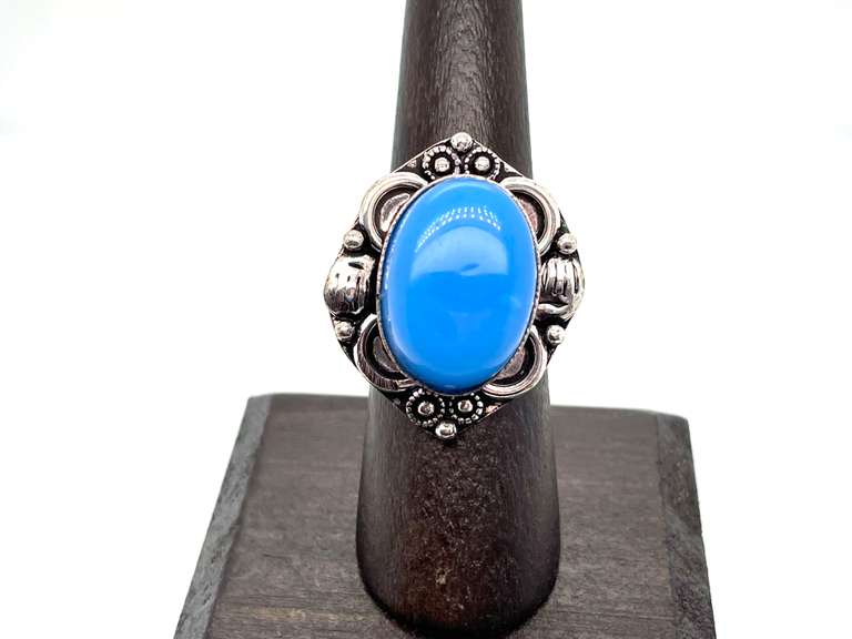 Oval Cut Blue Stone Ring in Tibetan Silver Floral Energy Ring