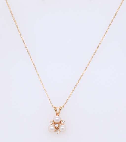 Fabulous Yellow Gold Triple Pearl and Diamond Pendant on Chain