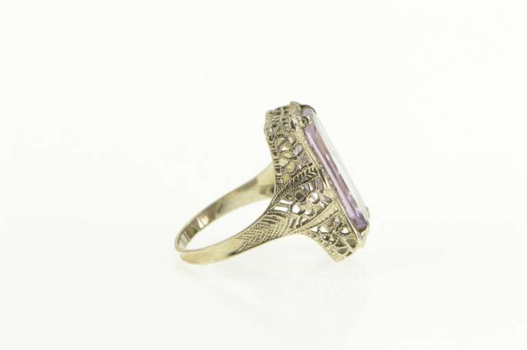 14K White Gold Art Deco Amethyst Ornate Filigree Statement Ring
