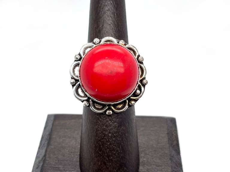 Circular Red Coral in Tibetan Silver Energy Ring